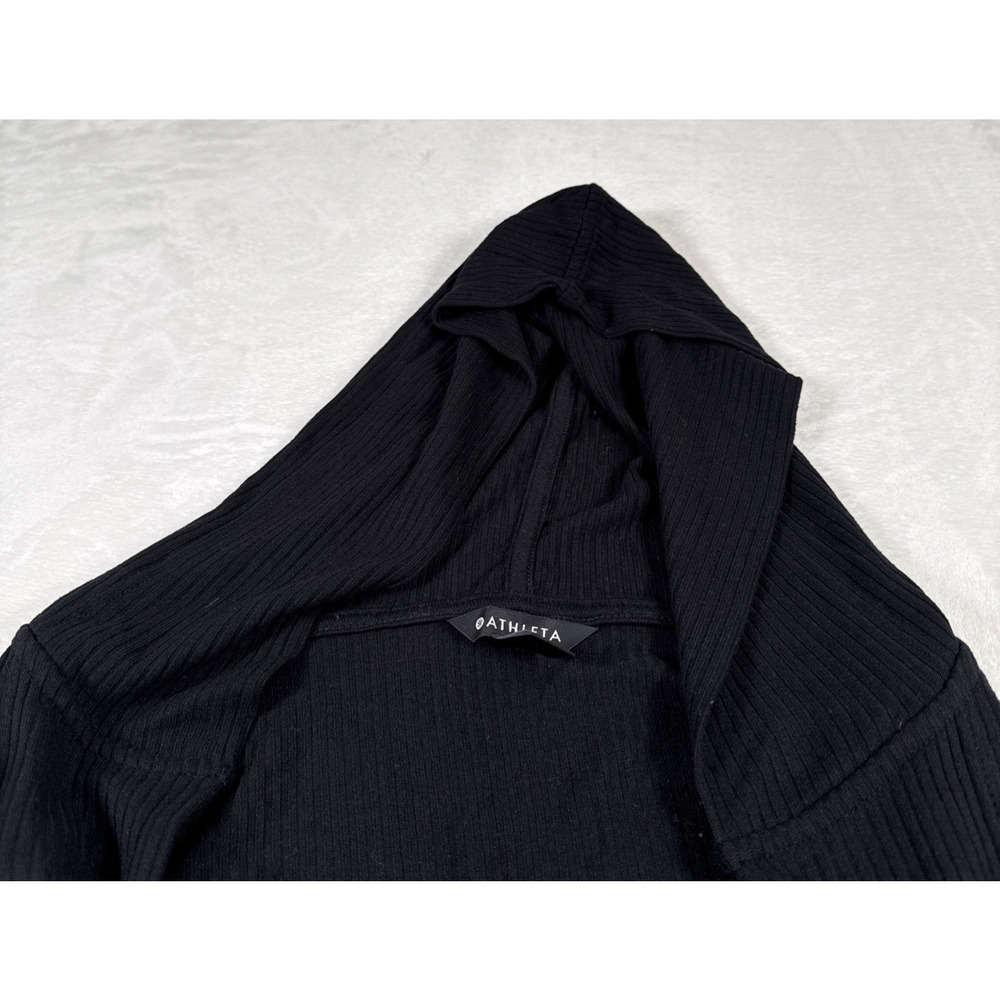 Athleta Harmony Pose Wrap M Black Ribbed Hooded Cardigan Open Front Thumbholes - Picture 8 of 15